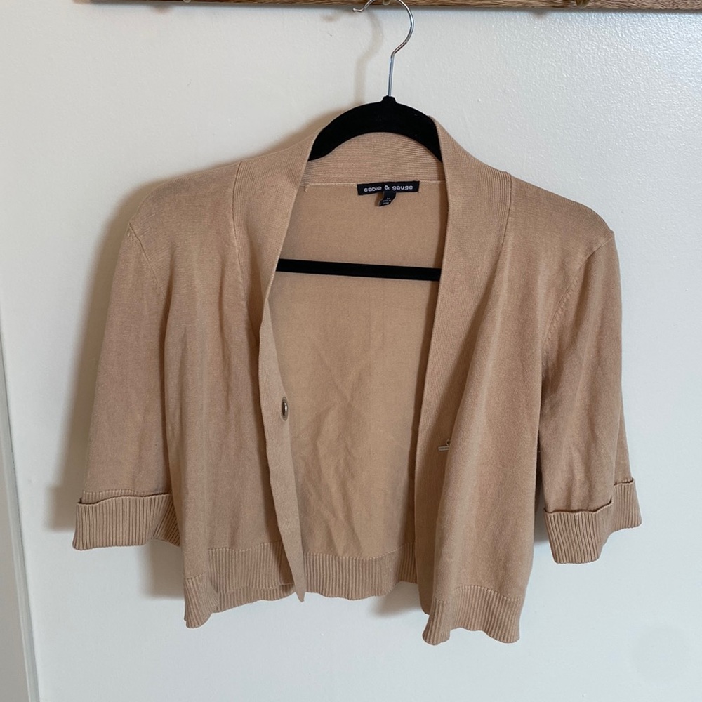 Camel Colored Knit Short Sleeve Cardigan - M